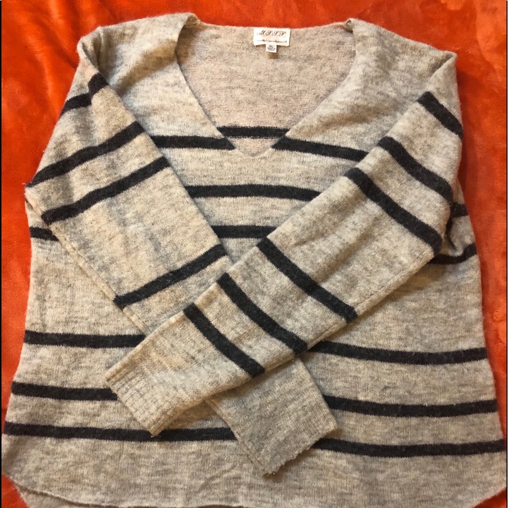 Taupe and grey striped sweater.